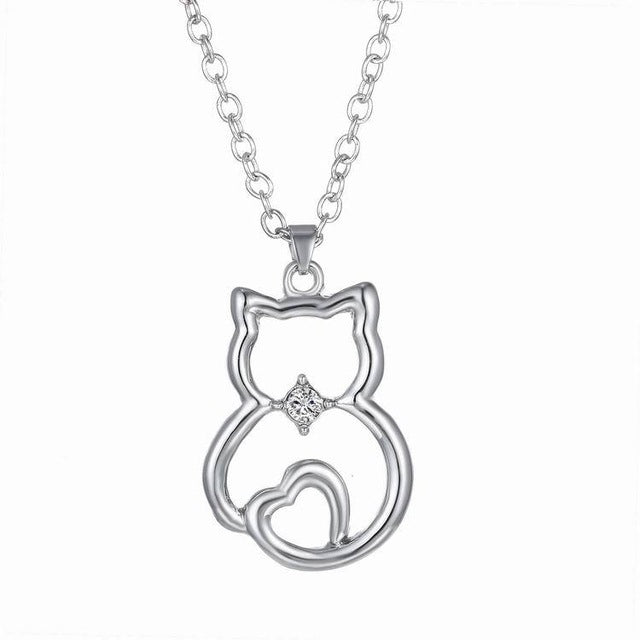 Lovely Cat Paw Black White Two Cat On Heart Crystal Necklaces