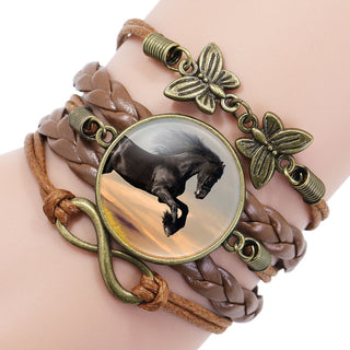 Vintage Horse Picture Bronze Leather Butterfly Charms Bracelet