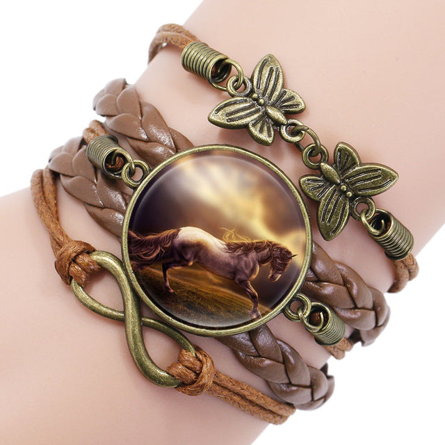 Vintage Horse Picture Bronze Leather Butterfly Charms Bracelet