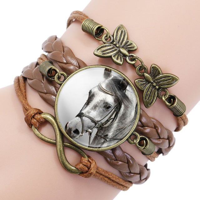 Vintage Horse Picture Bronze Leather Butterfly Charms Bracelet