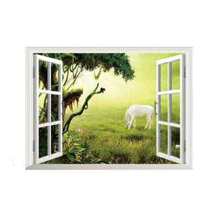 3D Window Grassland White Horse Wall Stickers