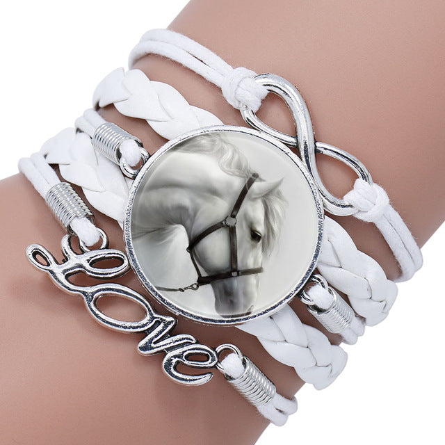 Horse Love Leather Infinity Wrap Glass Cabochon Bracelets