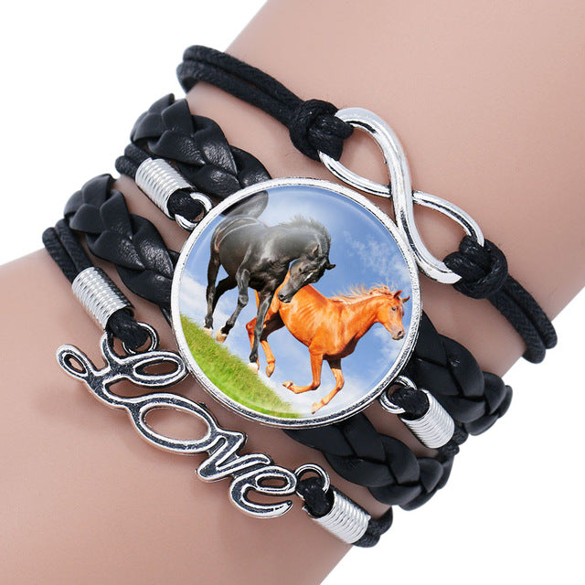 Horse Love Leather Infinity Wrap Glass Cabochon Bracelets