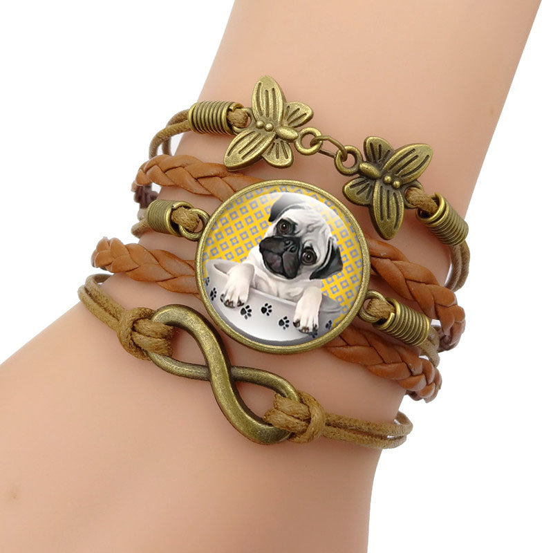 Infinite Butterfly Pug Dog Glass Leather Bracelets