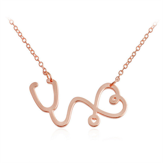 Fashion Medical Heart Chain Necklace Jewelry Rose Gold Silver Gold color Nurse Stethoscope Necklaces For Women