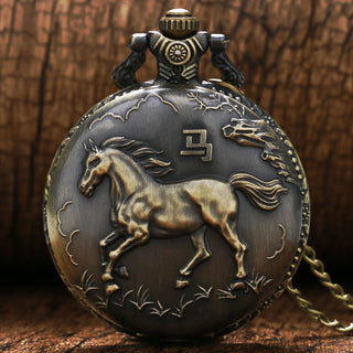 Bronze Zodiac Horse Running Quartz Pocket Watch Necklaces