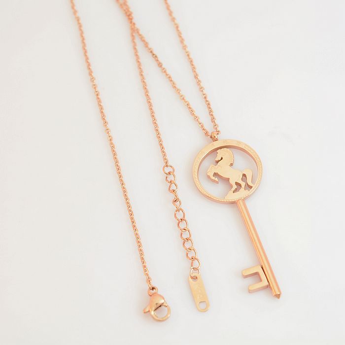 Titanium Steel Rose Gold Color Running Horse Steed Key Necklaces