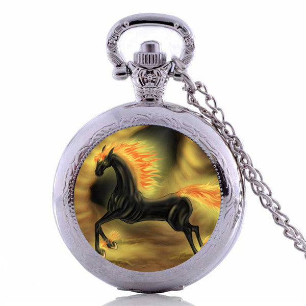 Vintage Black Nightmare Horse Pocket Watch Necklaces