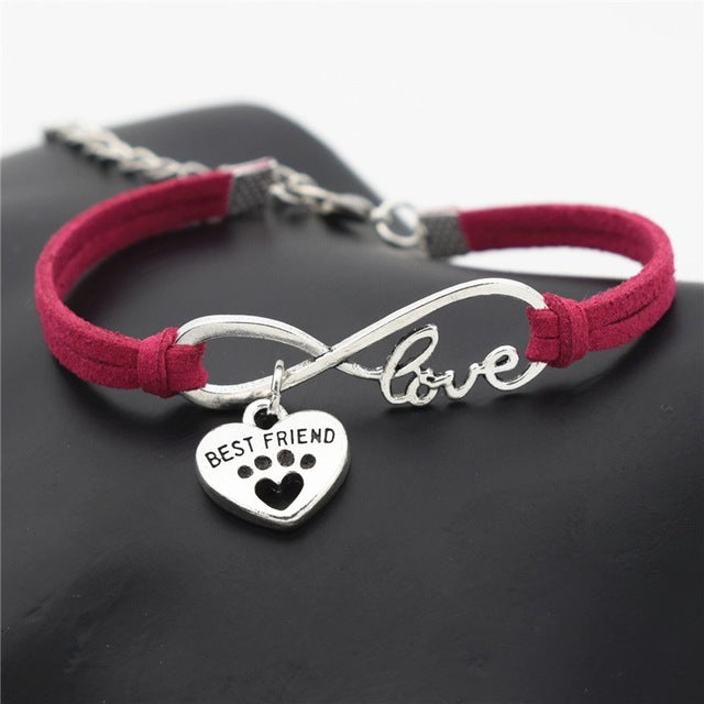 Leather Antique Silver Love Dog And Cat Paw Bracelets