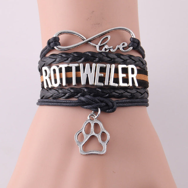 Infinity Love Rottweiler Dog Paw Leather Bracelets