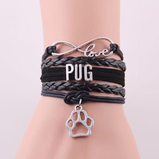 Infinity Love Pug Dog Paw Leather Bracelets