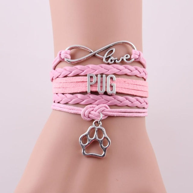 Infinity Love Pug Dog Paw Leather Bracelets