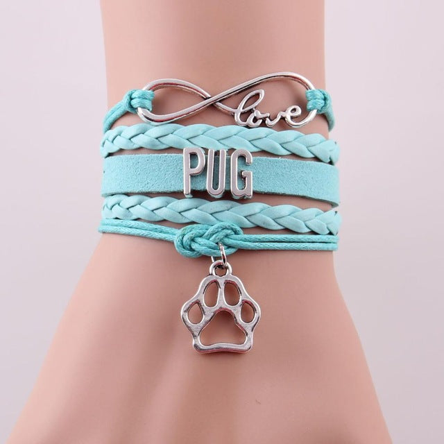 Infinity Love Pug Dog Paw Leather Bracelets