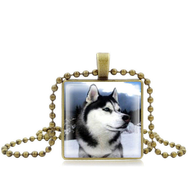 Vintage Siberian Husky Dog Square Glass Cabochon Necklaces