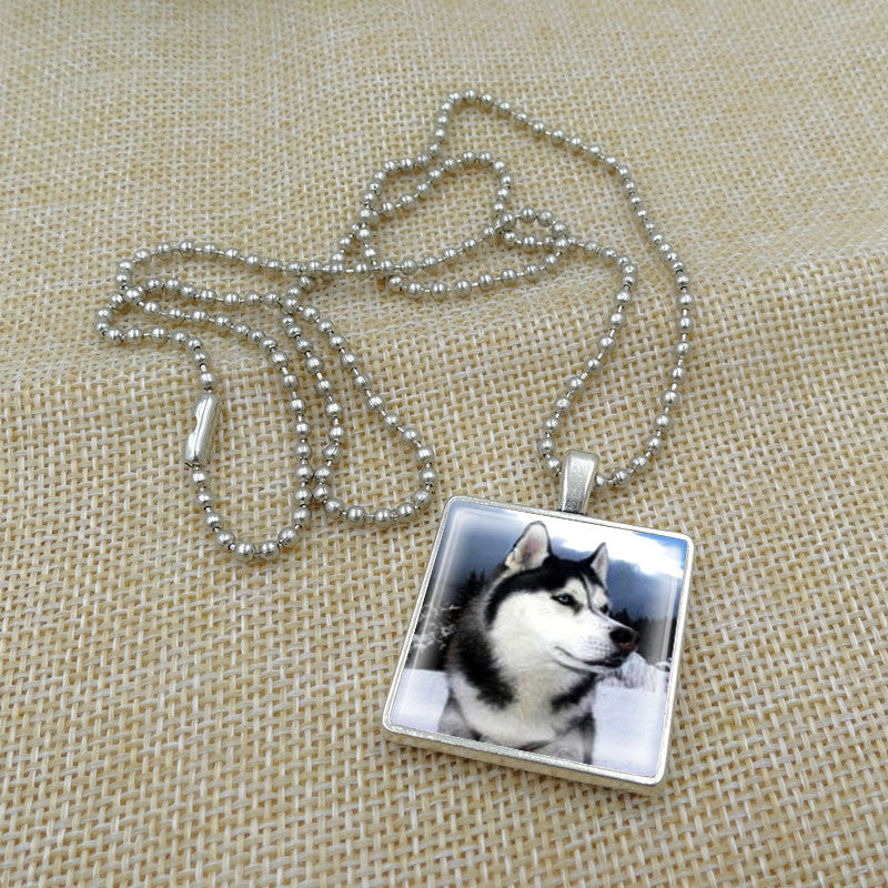 Vintage Siberian Husky Dog Square Glass Cabochon Necklaces