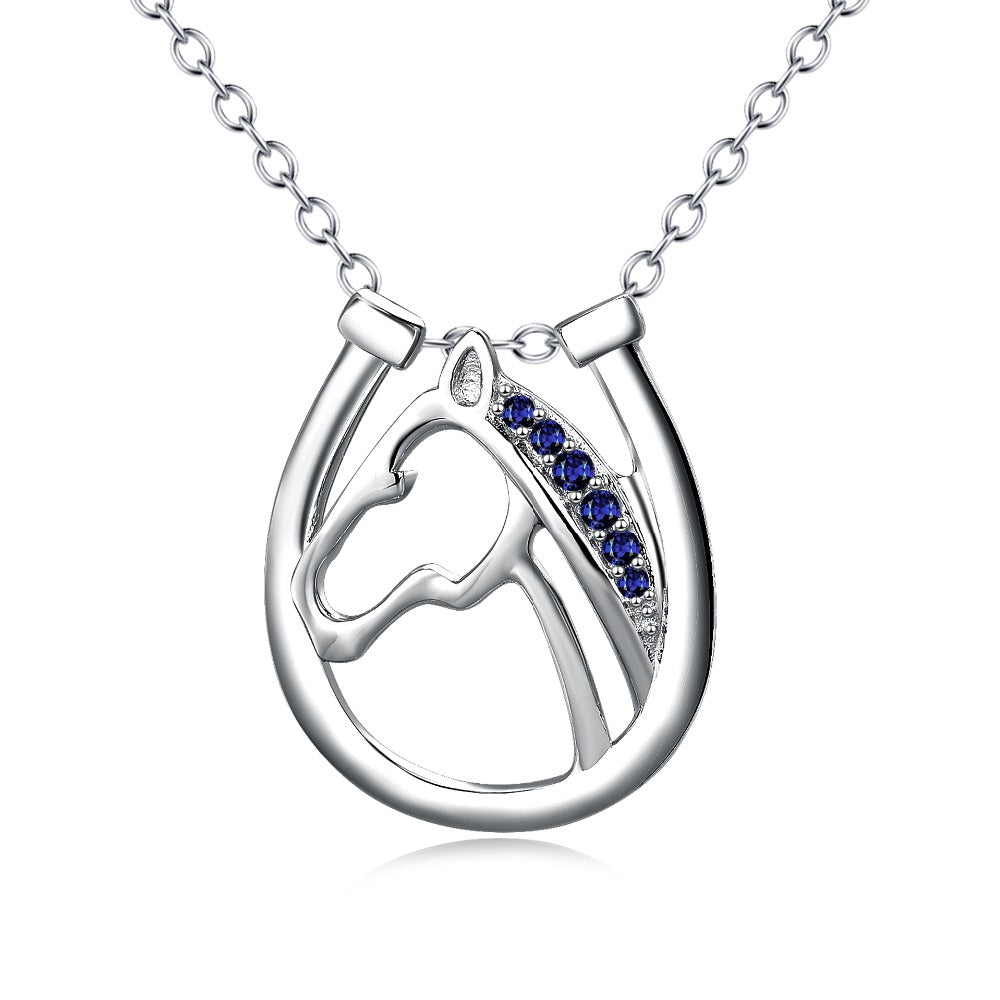 Hollow Out Horse Head Blue Crystal Oval Necklaces