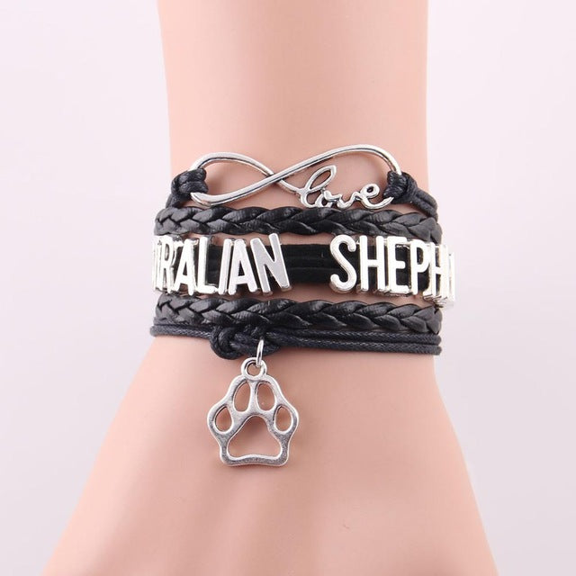 Infinity Love Australian Shepherd Dog Paw Leather Bracelets