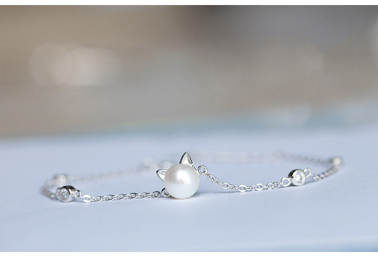 Simple Silver Imitation Pearl Cat Bracelets