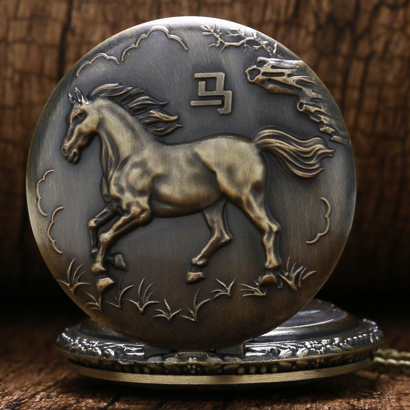 Bronze Zodiac Horse Running Quartz Pocket Watch Necklaces