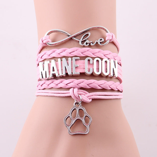 Infinity Love Maine Coon Cat Bracelet Paw Leather Bracelets