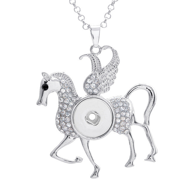 Winged Horse Crystal Snap Button Exaggerated Necklaces