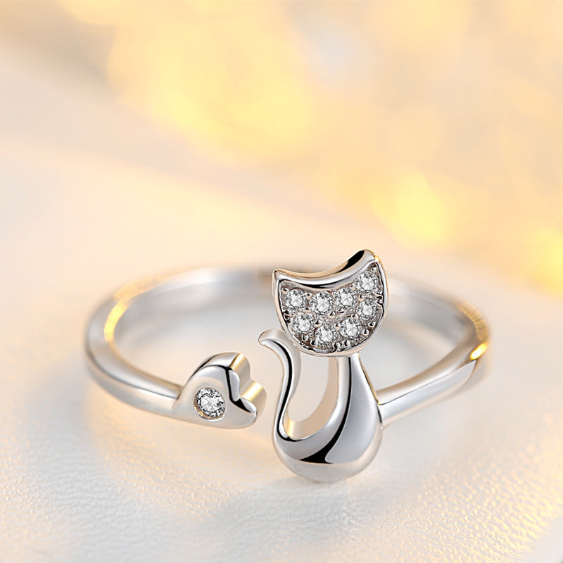 Cat Shape Crystal With Heart Rings