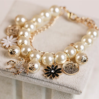 Multilayer Alloy Simulated Pearl Beaded Horse Flower Charm Bracelet