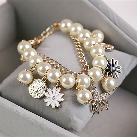 Multilayer Alloy Simulated Pearl Beaded Horse Flower Charm Bracelet