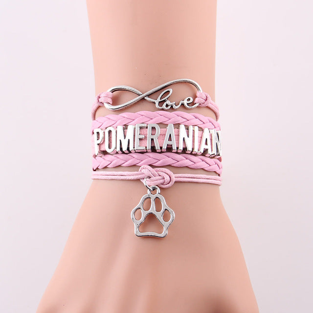 Infinity Love Pomeranian Dog Paw Leather Bracelets