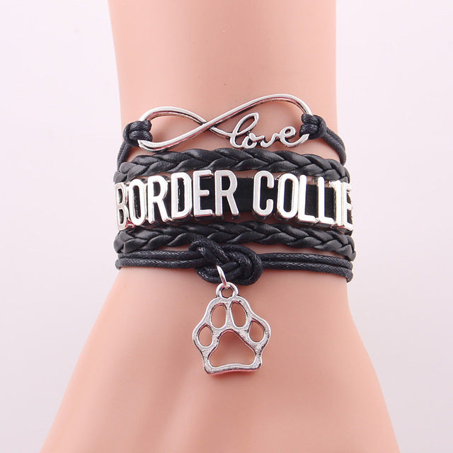 Infinity Love Border Collie Dog Paw Leather Bracelets