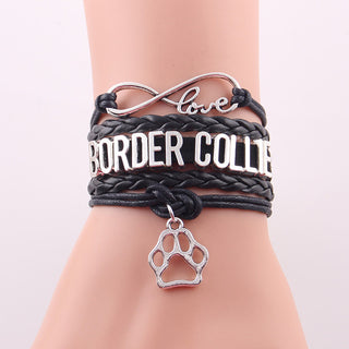 Infinity Love Border Collie Dog Paw Leather Bracelets