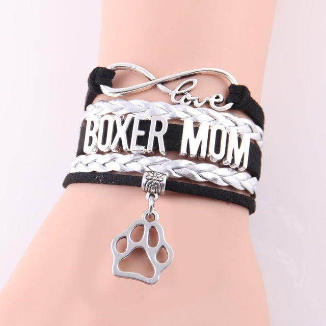 Infinity Love Boxer Mom Dog Paw Leather Bracelets