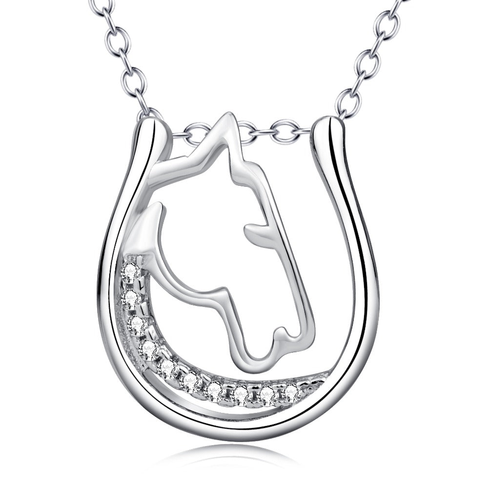 Sterling Silver Crystal Horse Head Horseshoe Hollow Necklaces