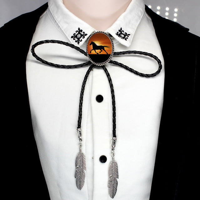 Running Horse Bolo Tie Antique Glass Photo Cabochon Leather Necklaces