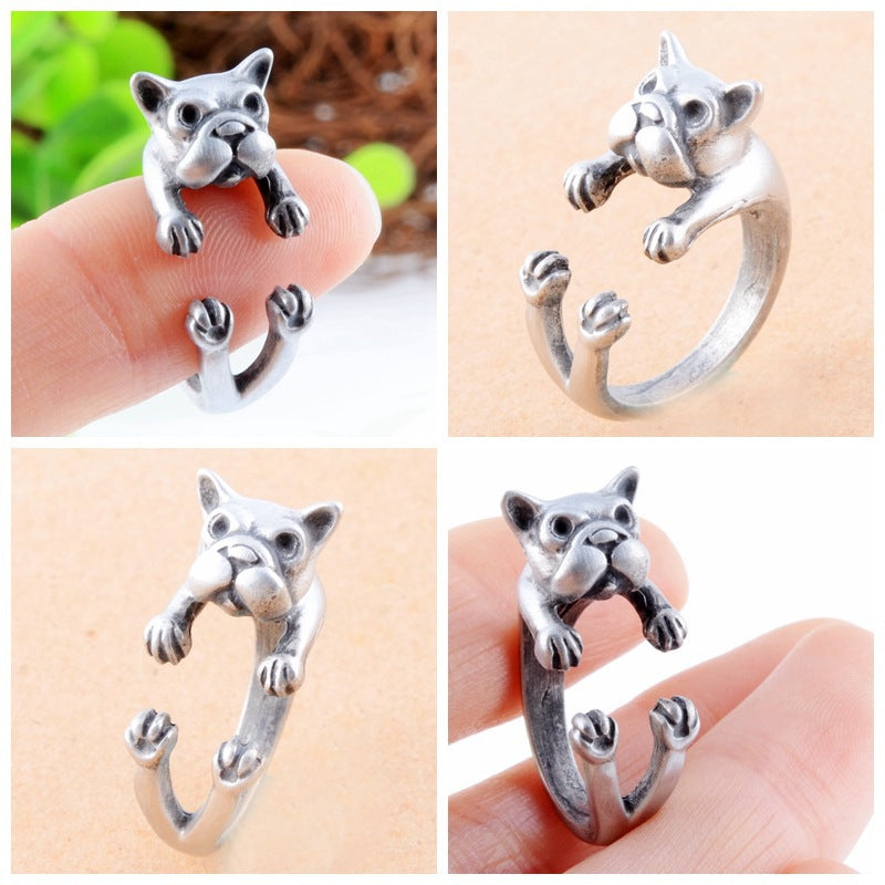 Antique Silver Plated Cute Pit Bull Dog Rings