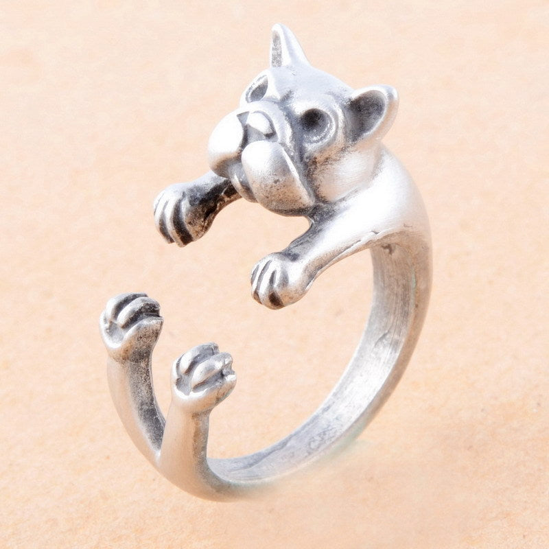 Antique Silver Plated Cute Pit Bull Dog Rings