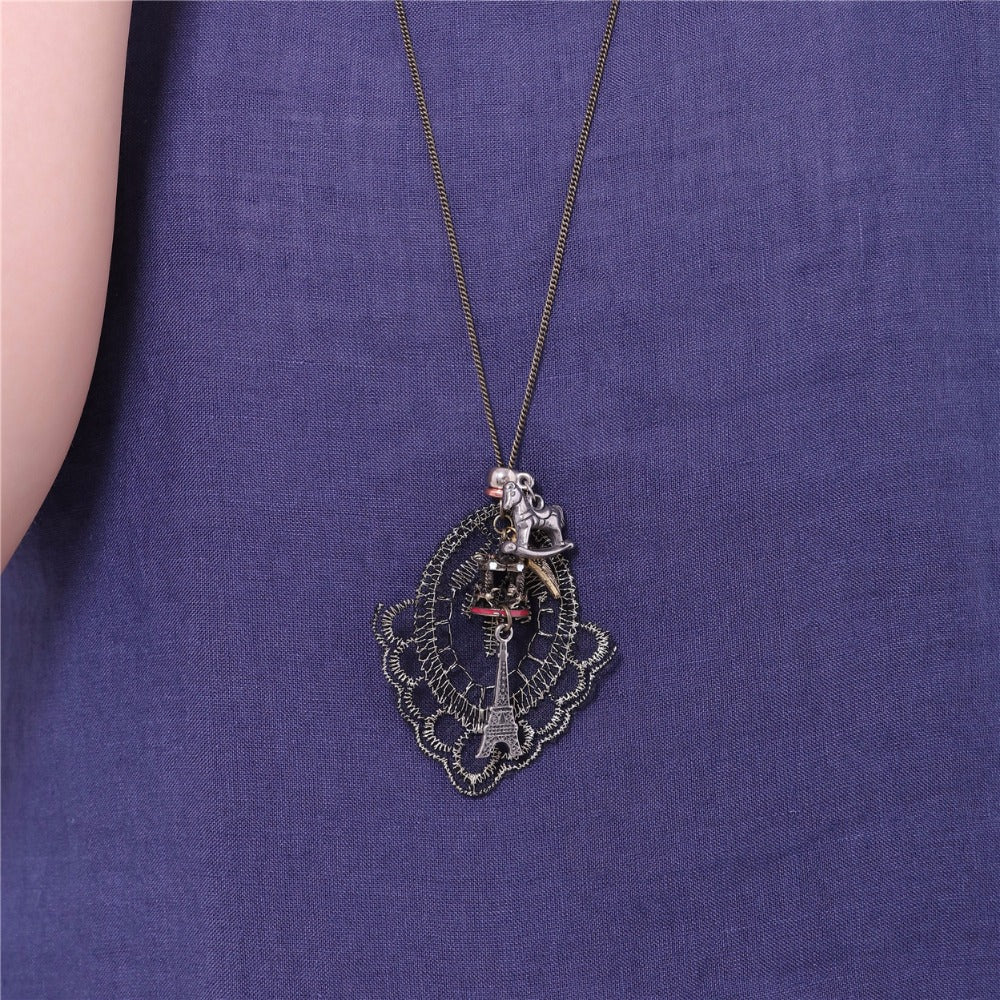 Outstock - Lace Wing And Horse And Eiffel Tower Long Necklaces