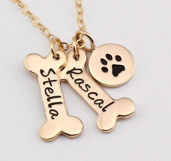 Print Name Dog Bone Dog Paw Necklaces