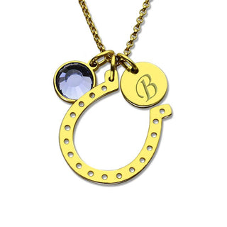 Personalized Initial Horseshoe Gold Color Birthstone With Engraved Initial Disc Lucky Necklaces