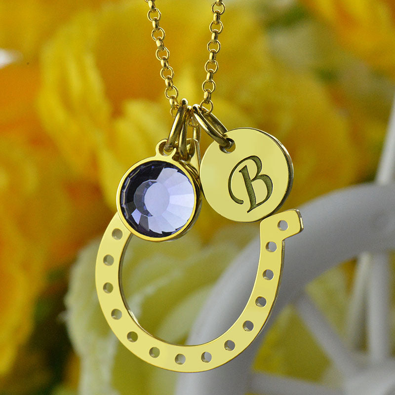 Personalized Initial Horseshoe Gold Color Birthstone With Engraved Initial Disc Lucky Necklaces