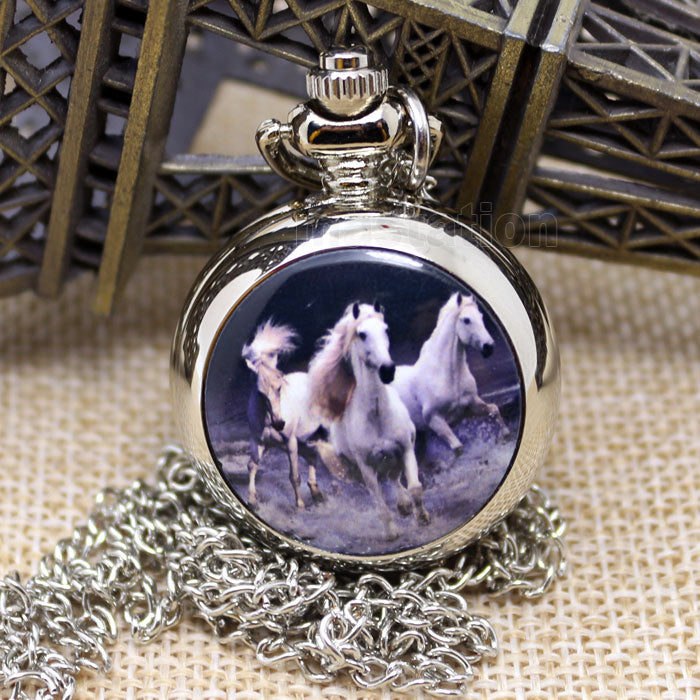 Third White Horse Running Quartz Pocket Watch Necklaces