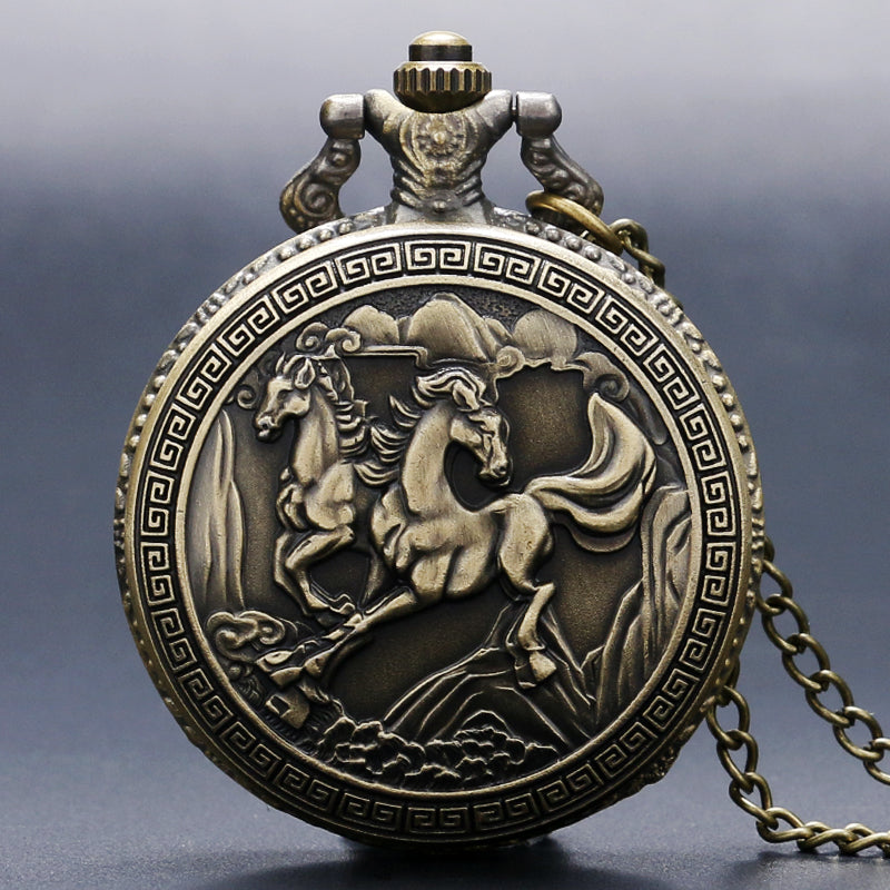Antique Bronze Double Horse Running Quartz Pocket Watch Necklaces