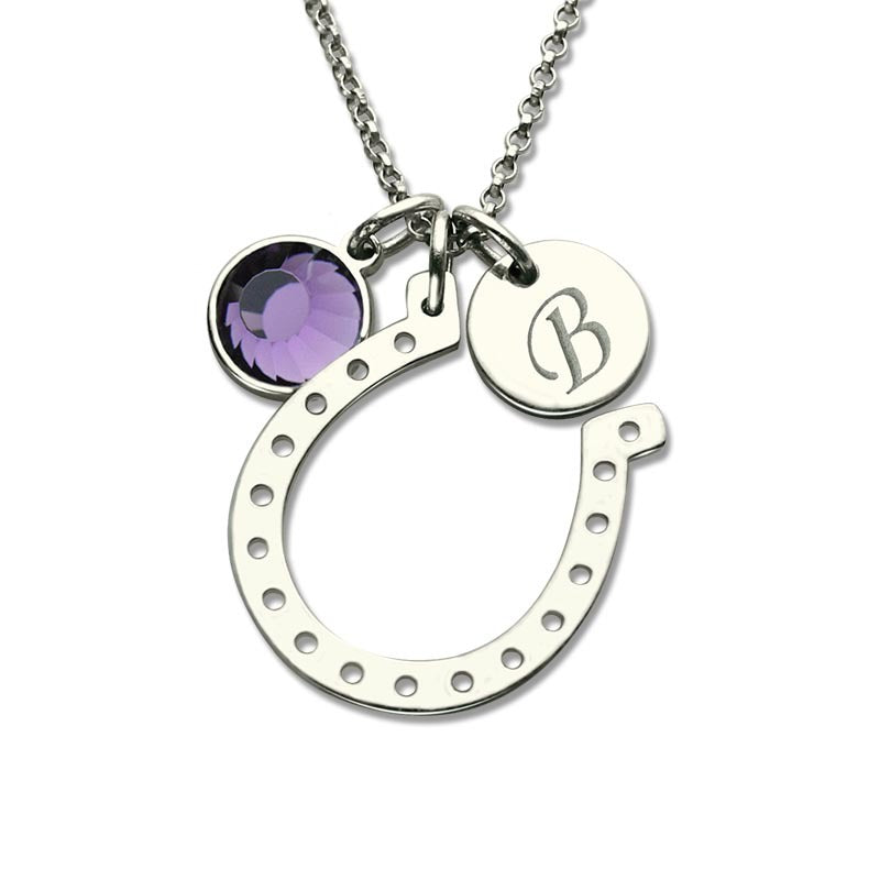 Birthstone Lucky Horseshoe With Engraved Initial Disc In Sterling Silver Personalized Necklaces
