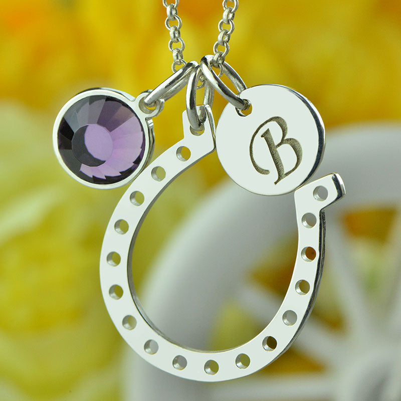 Birthstone Lucky Horseshoe With Engraved Initial Disc In Sterling Silver Personalized Necklaces
