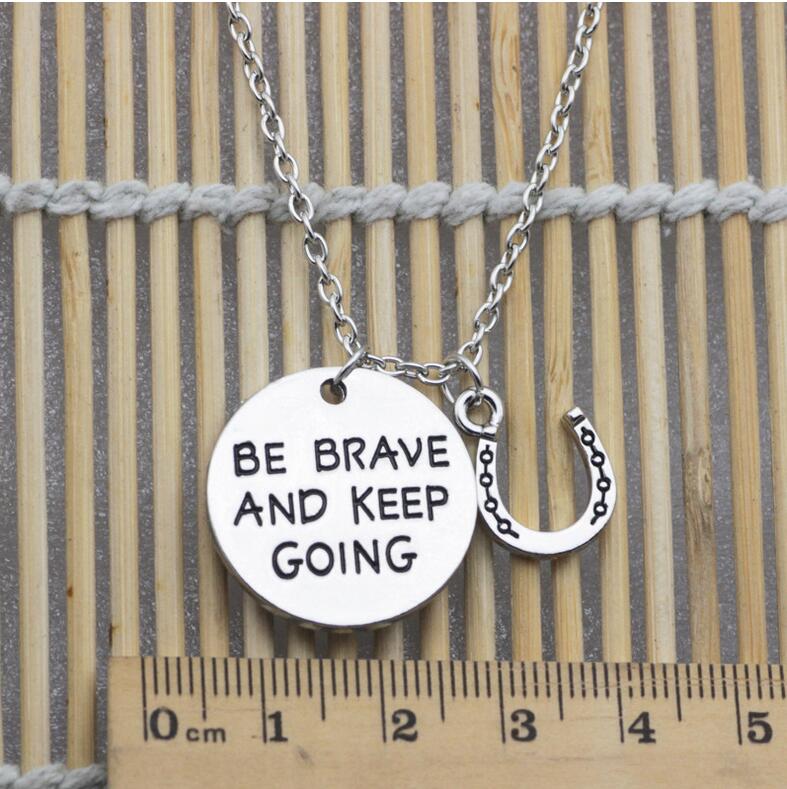 Hand Stamped Be Brave And Keep Going Letter With Horseshoe Necklaces