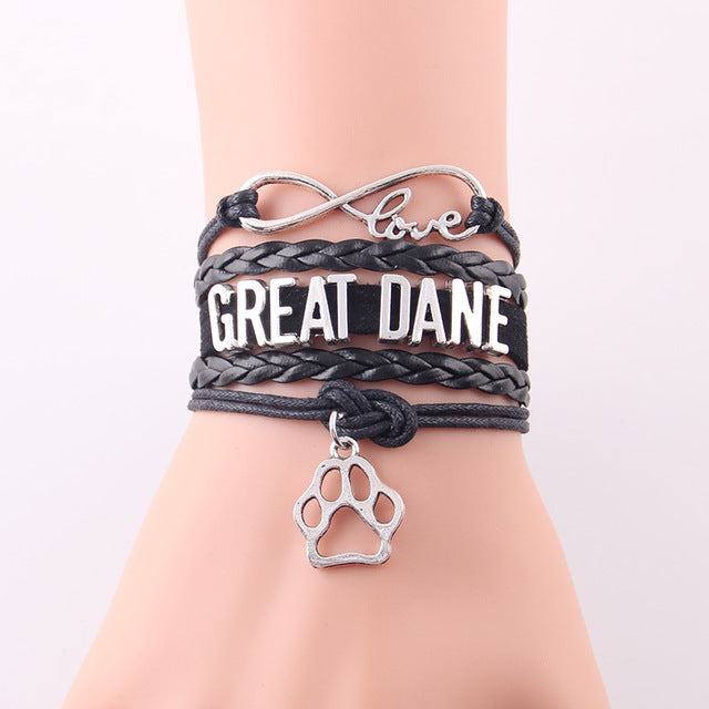 Infinity Love Great Dane Dog Paw Leather Bracelets