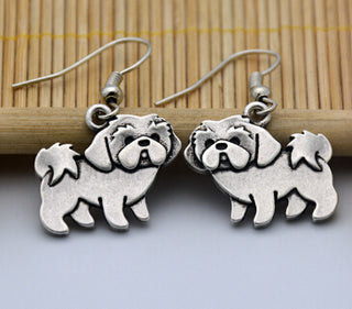 Vintage Antique Silver Plated Shih Tzu Dog Earrings