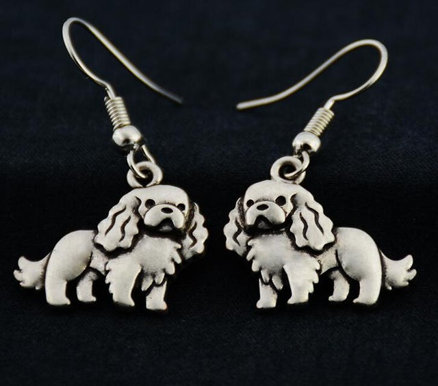 Antique Silver Plated Cavalier King Charles Spaniel Dog Earrings