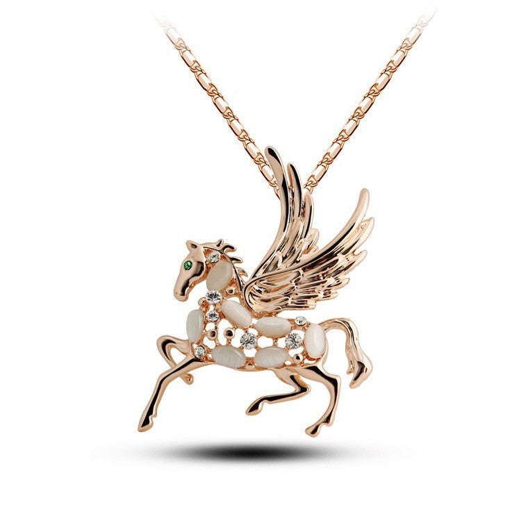 Rhinestone Crystal Short Winged Horse Opal Necklaces