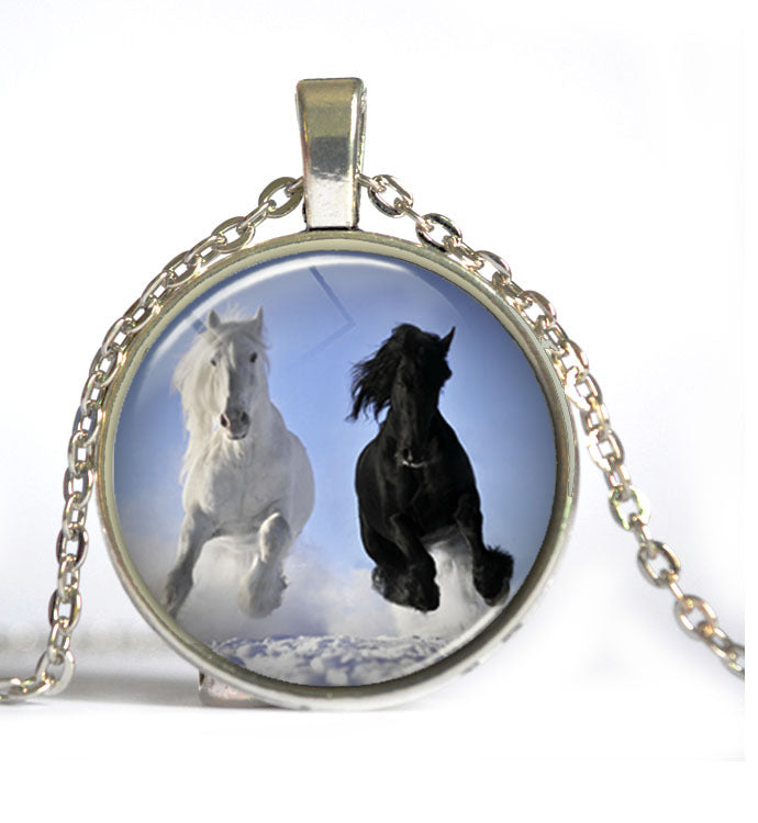 Black And White Horse Running Glass Necklaces